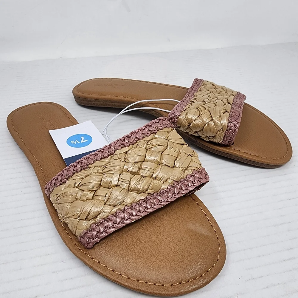 New Woven Slide Sandals Rose Raffia Slide Boho Sandals Beach Flat Flip Flops 7.5